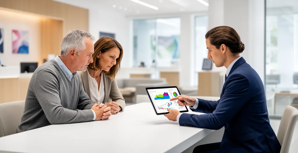 Couple de propriétaires échangeant avec un conseiller bancaire autour d'une tablette