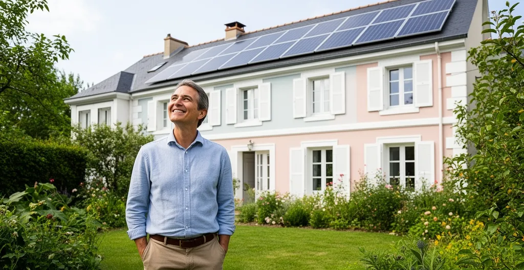 Propriétaire regardant sa maison équipée de panneaux solaires sur le toit