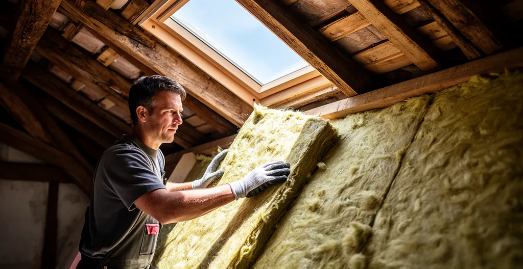 Ouvrier posant des panneaux de laine de verre dans des combles