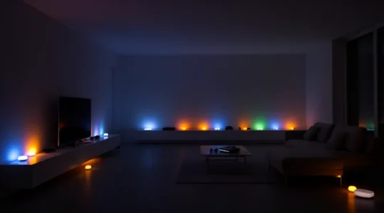 Vue d'ensemble d'un salon moderne avec plusieurs appareils électroniques en veille émettant des lumières discrètes dans l'obscurité