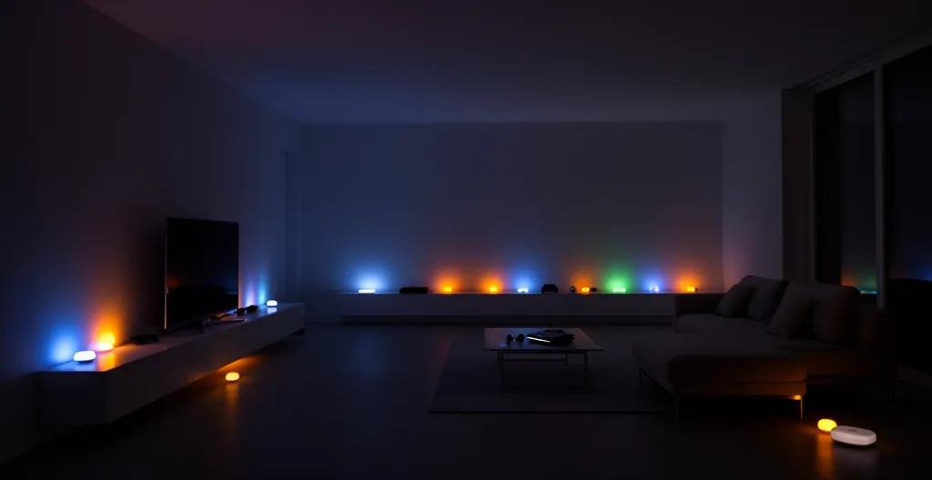 Vue d'ensemble d'un salon moderne avec plusieurs appareils électroniques en veille émettant des lumières discrètes dans l'obscurité