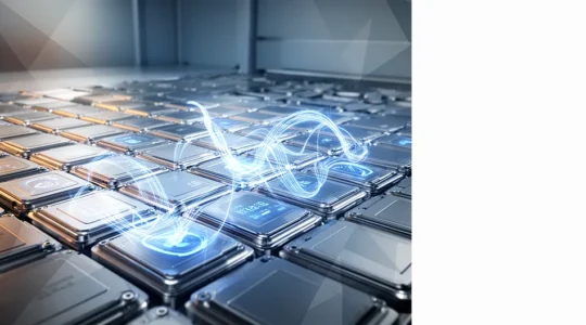 Vue macro artistique d'une batterie de véhicule électrique dans un environnement technologique moderne et épuré