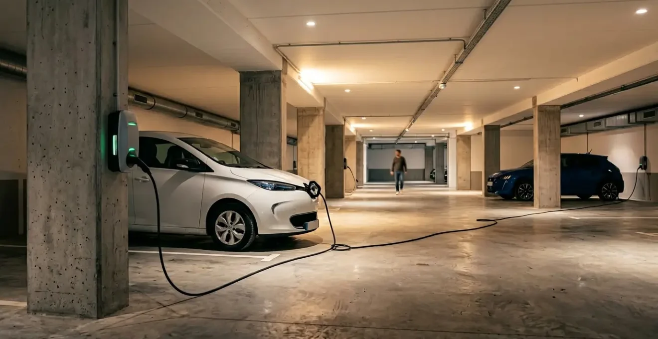 Parking souterrain moderne de copropriété avec bornes de recharge électrique et véhicules en charge