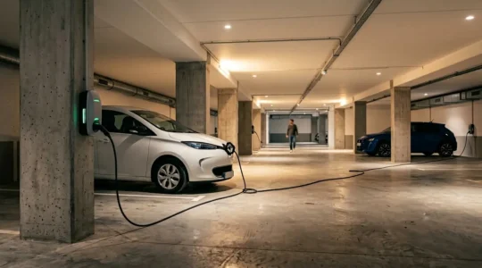 Parking souterrain moderne de copropriété avec bornes de recharge électrique et véhicules en charge