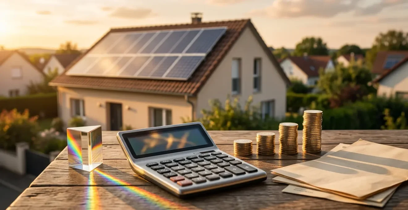 Maison moderne équipée de panneaux solaires sur le toit avec calculatrice et documents fiscaux au premier plan