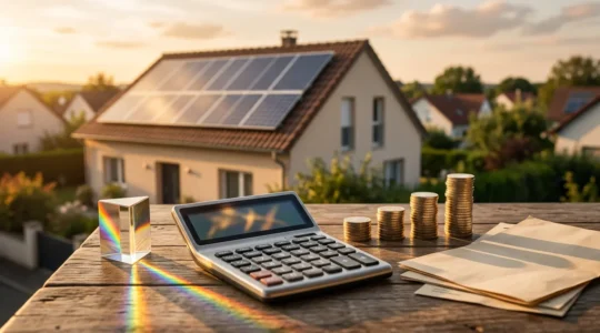 Maison moderne équipée de panneaux solaires sur le toit avec calculatrice et documents fiscaux au premier plan