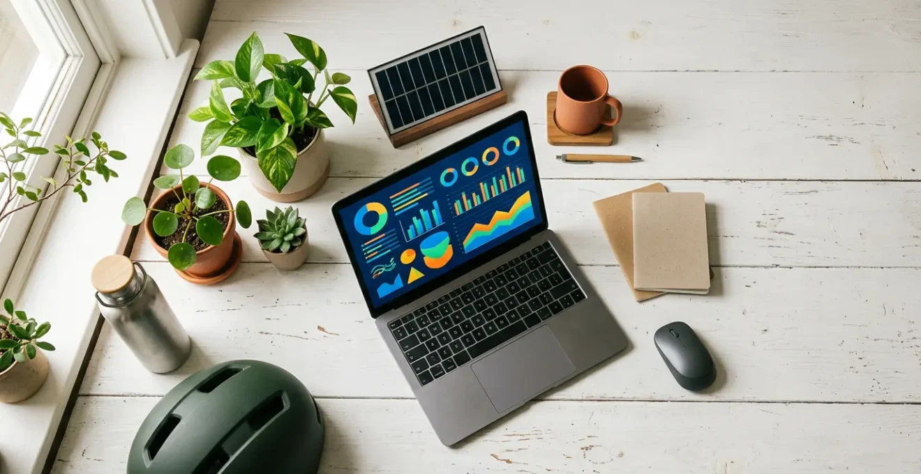 Vue en plongée d'un bureau moderne avec un ordinateur portable affichant des graphiques circulaires colorés, entouré de plantes vertes et d'un carnet de notes, symbolisant la mesure de l'empreinte carbone personnelle