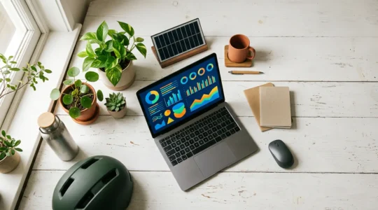 Vue en plongée d'un bureau moderne avec un ordinateur portable affichant des graphiques circulaires colorés, entouré de plantes vertes et d'un carnet de notes, symbolisant la mesure de l'empreinte carbone personnelle