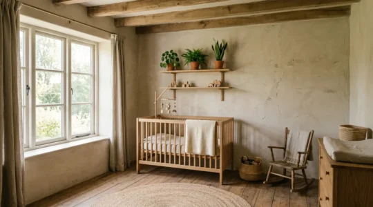 Chambre de bébé lumineuse avec matériaux naturels et plantes vertes