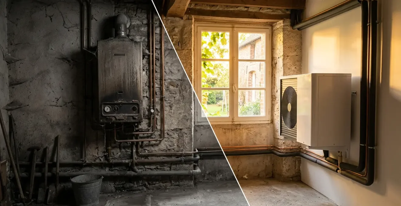 Installation moderne de pompe à chaleur à côté d'une ancienne chaudière gaz dans une maison française