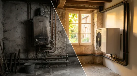 Installation moderne de pompe à chaleur à côté d'une ancienne chaudière gaz dans une maison française