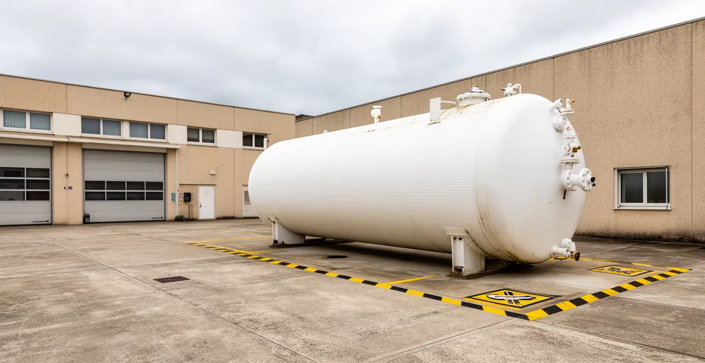 Citerne propane blanche installée dans la cour d'une entreprise industrielle française