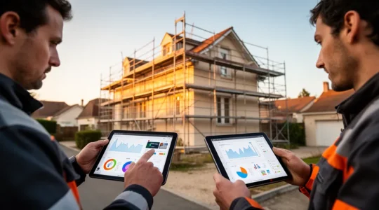 Vue panoramique d'une maison française avec échafaudage et artisans comparant des documents sur tablette numérique