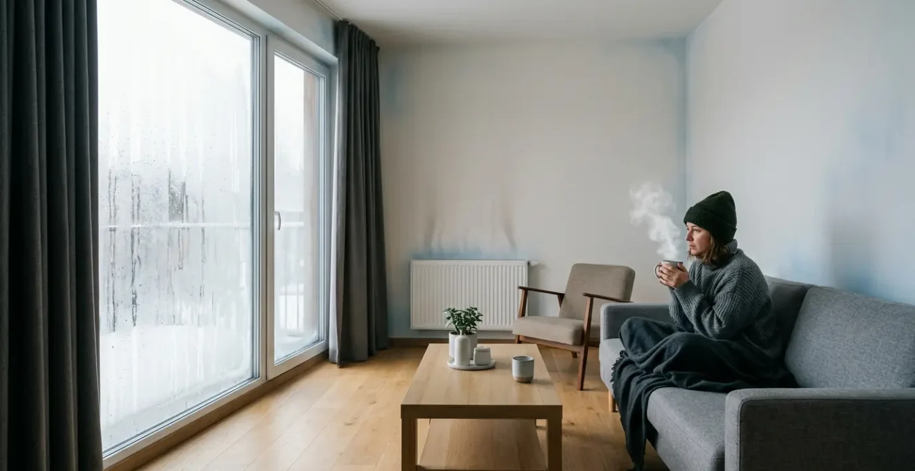 Intérieur de maison moderne avec thermomètre indiquant 20°C, murs avec gradient de température visible, et personne en pull épaisse malgré le chauffage allumé