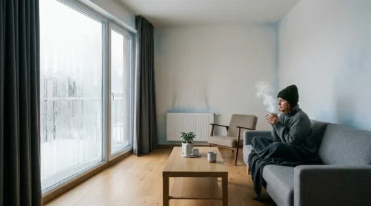 Intérieur de maison moderne avec thermomètre indiquant 20°C, murs avec gradient de température visible, et personne en pull épaisse malgré le chauffage allumé