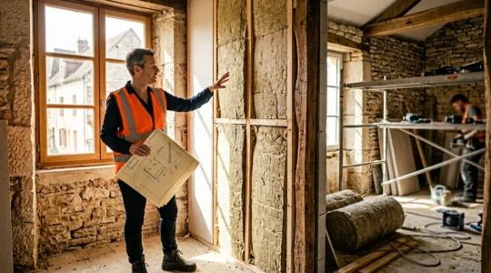 Expert conseil en rénovation énergétique examinant une maison française en construction avec isolation thermique visible