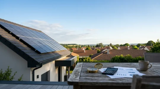 Documents contractuels et panneaux solaires sur toiture française avec calculatrice montrant des chiffres de revenus garantis