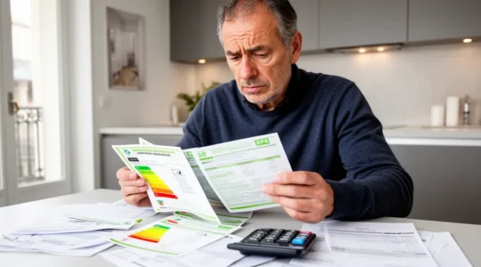 Propriétaire examinant des documents de DPE avec expression préoccupée dans un intérieur français contemporain