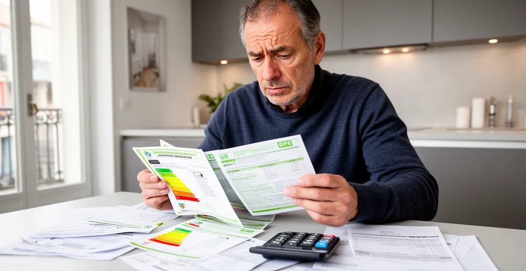 Propriétaire examinant des documents de DPE avec expression préoccupée dans un intérieur français contemporain