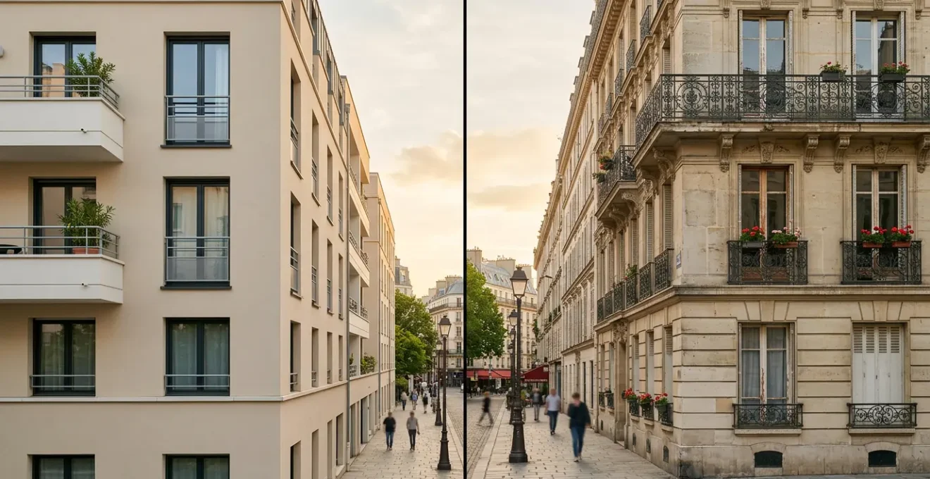 Vue comparative de deux appartements avec différentes classes énergétiques représentées visuellement par des éléments architecturaux français