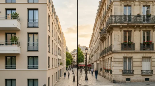 Vue comparative de deux appartements avec différentes classes énergétiques représentées visuellement par des éléments architecturaux français
