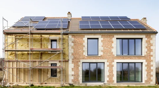 Maison française traditionnelle avec panneaux solaires et isolation moderne, entourée de verdure