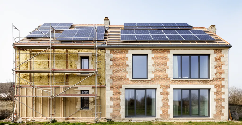 Maison française traditionnelle avec panneaux solaires et isolation moderne, entourée de verdure