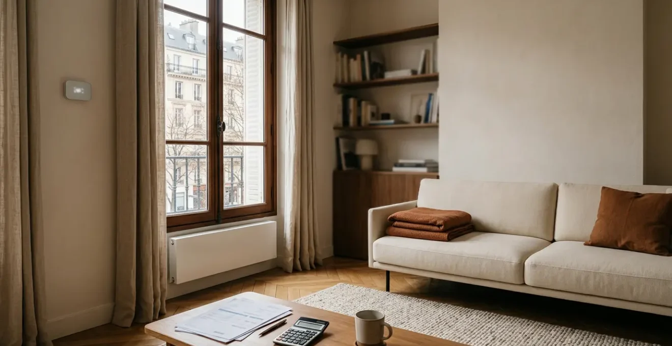 Salon chaleureux d'une maison française moderne avec thermostat connecté et documents de facturation énergétique sur une table basse