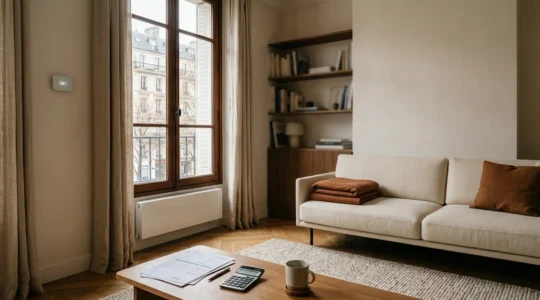 Salon chaleureux d'une maison française moderne avec thermostat connecté et documents de facturation énergétique sur une table basse