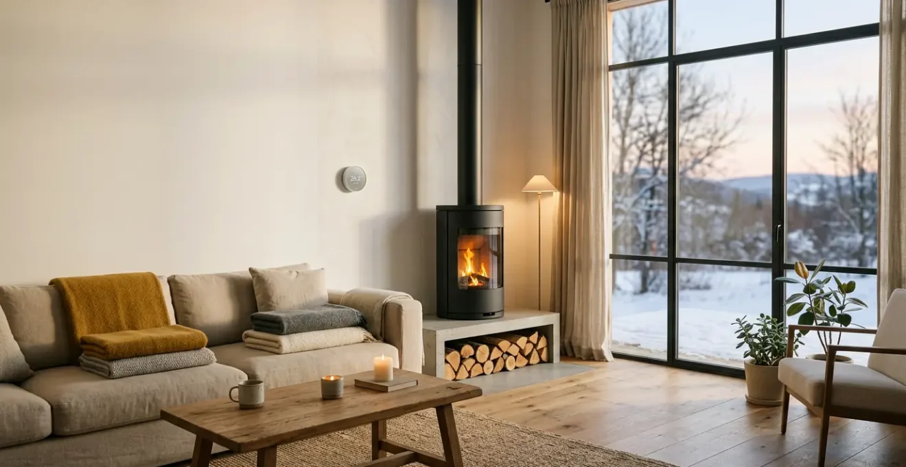 Salon lumineux avec thermostat intelligent et chauffage d'appoint visible, suggérant une gestion optimisée de l'énergie