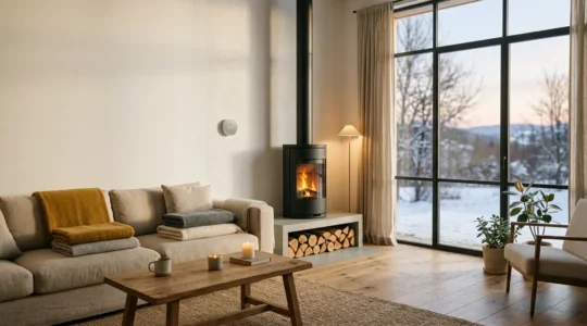 Salon lumineux avec thermostat intelligent et chauffage d'appoint visible, suggérant une gestion optimisée de l'énergie