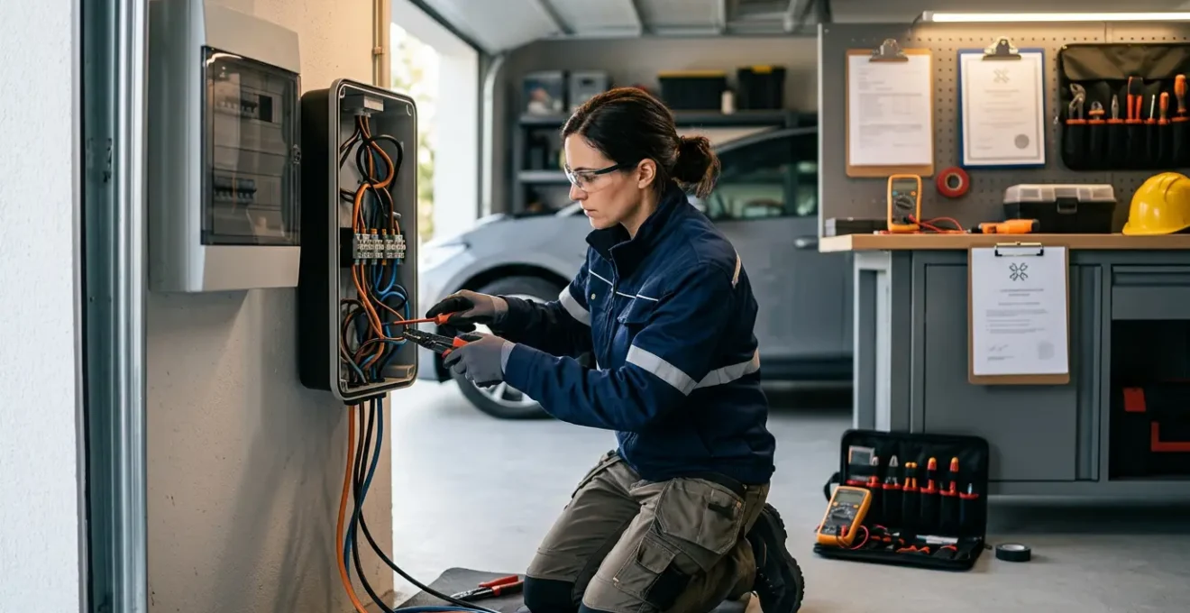 Électricien certifié IRVE installant une borne de recharge murale dans un garage moderne avec équipements de sécurité professionnels