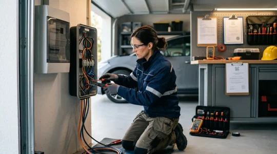 Électricien certifié IRVE installant une borne de recharge murale dans un garage moderne avec équipements de sécurité professionnels