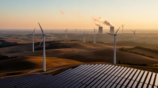 Vue aérienne d'un paysage énergétique français montrant la transition jour-nuit avec différentes sources de production électrique