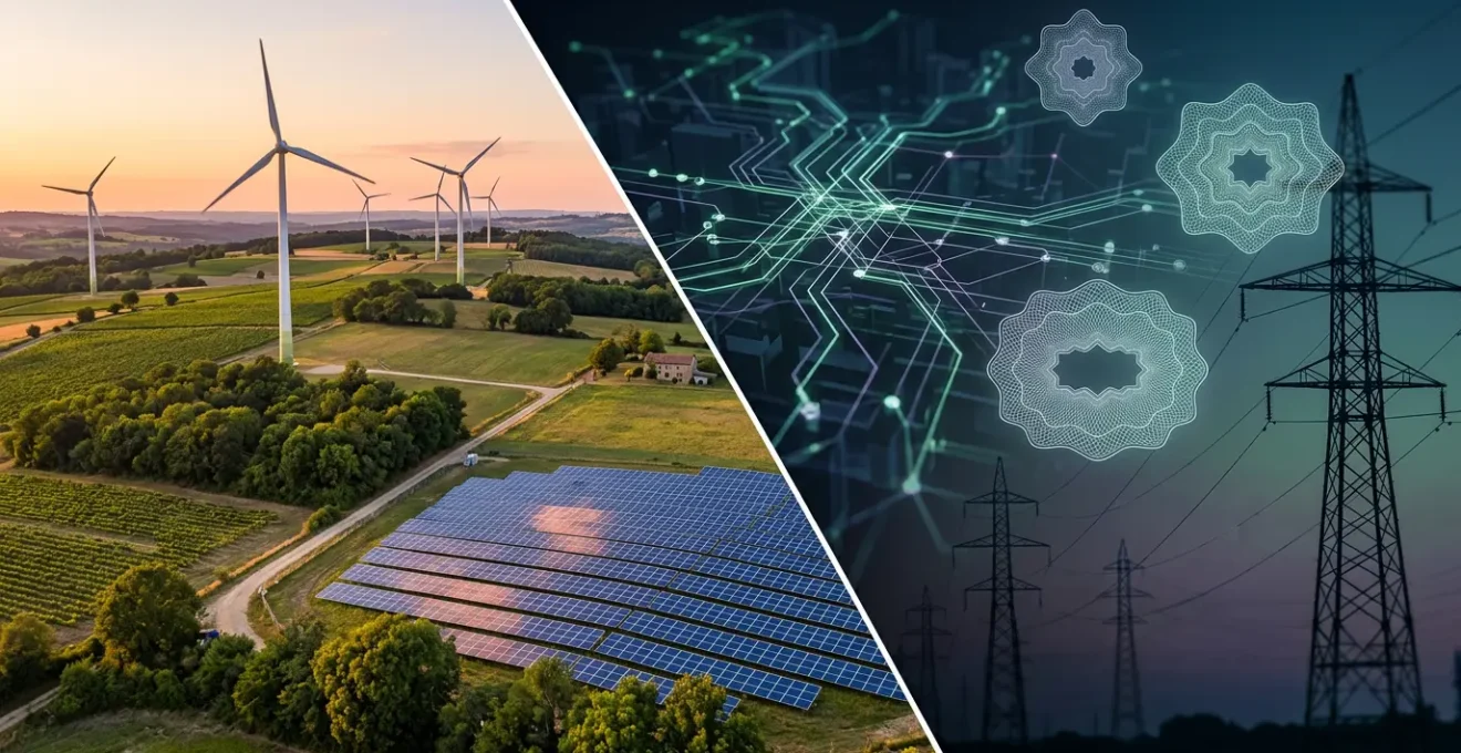 Comparaison visuelle entre une installation d'énergie renouvelable et des documents financiers illustrant le système des garanties d'origine