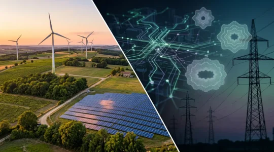 Comparaison visuelle entre une installation d'énergie renouvelable et des documents financiers illustrant le système des garanties d'origine