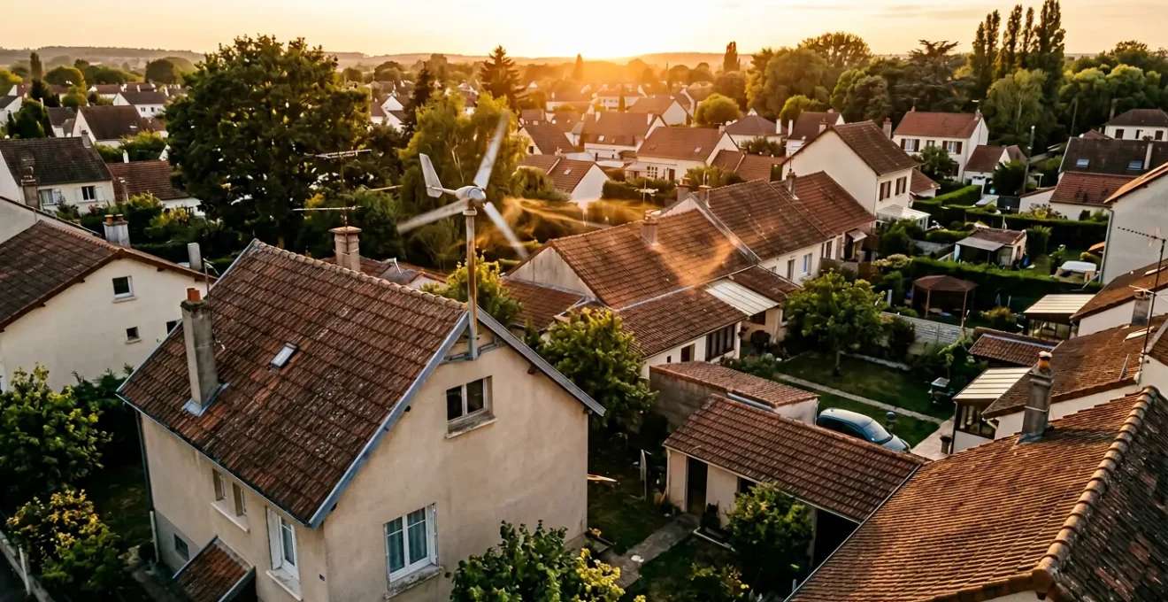 Vue aérienne d'une éolienne domestique installée sur le pignon d'une maison individuelle, montrant les turbulences du vent créées par les toits environnants