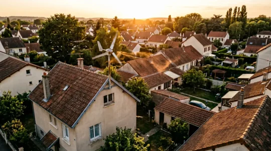 Vue aérienne d'une éolienne domestique installée sur le pignon d'une maison individuelle, montrant les turbulences du vent créées par les toits environnants