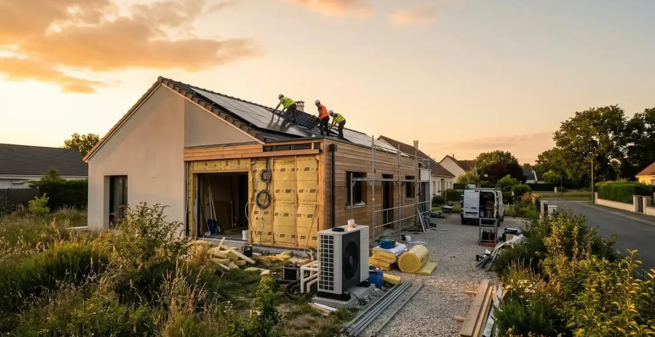 Vue d'ensemble d'une maison moderne en rénovation énergétique avec ouvriers et documents financiers