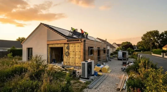 Vue d'ensemble d'une maison moderne en rénovation énergétique avec ouvriers et documents financiers