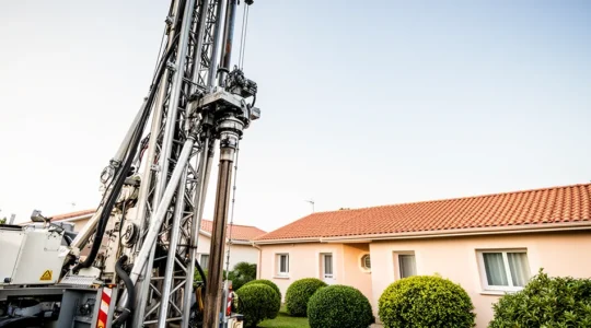 Installation de forage géothermique vertical avec machine de forage et capteurs en cours de mise en place dans un jardin résidentiel français