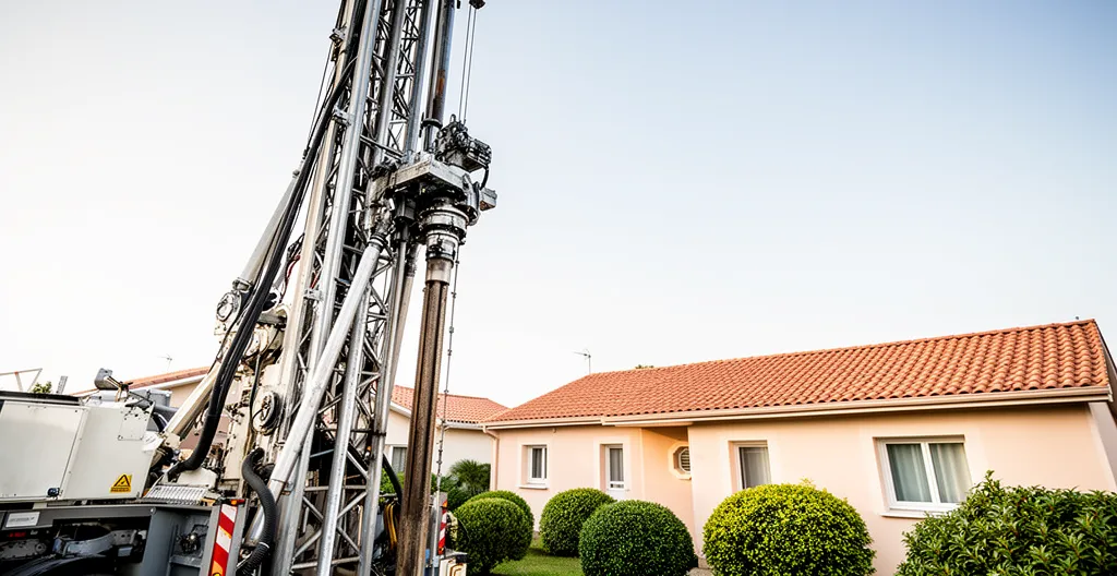 Installation de forage géothermique vertical avec machine de forage et capteurs en cours de mise en place dans un jardin résidentiel français