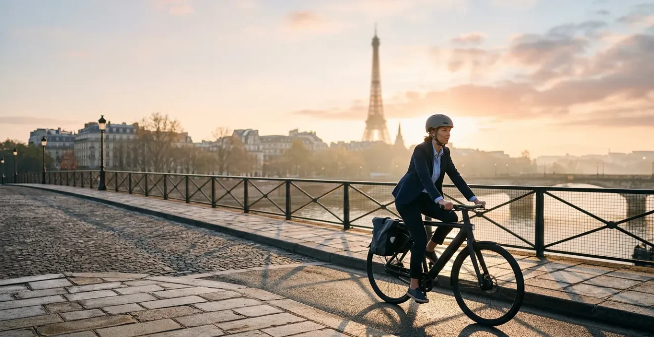 Cycliste urbain avec casque moderne traversant un pont parisien au lever du soleil avec la tour Eiffel en arrière-plan flou