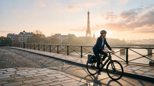 Cycliste urbain avec casque moderne traversant un pont parisien au lever du soleil avec la tour Eiffel en arrière-plan flou