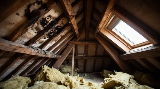 Vue intérieure de combles avec traces d'infiltration d'eau sur l'isolation