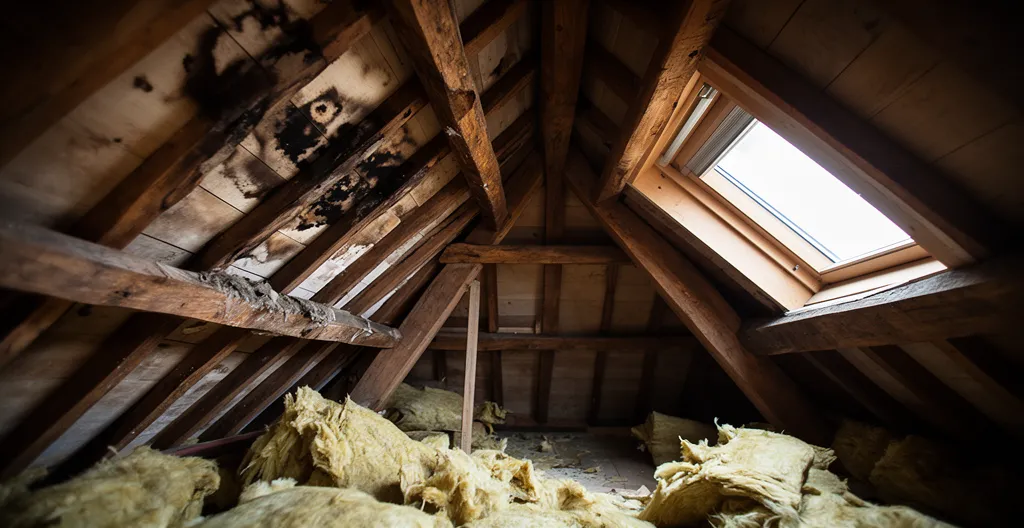 Vue intérieure de combles avec traces d'infiltration d'eau sur l'isolation