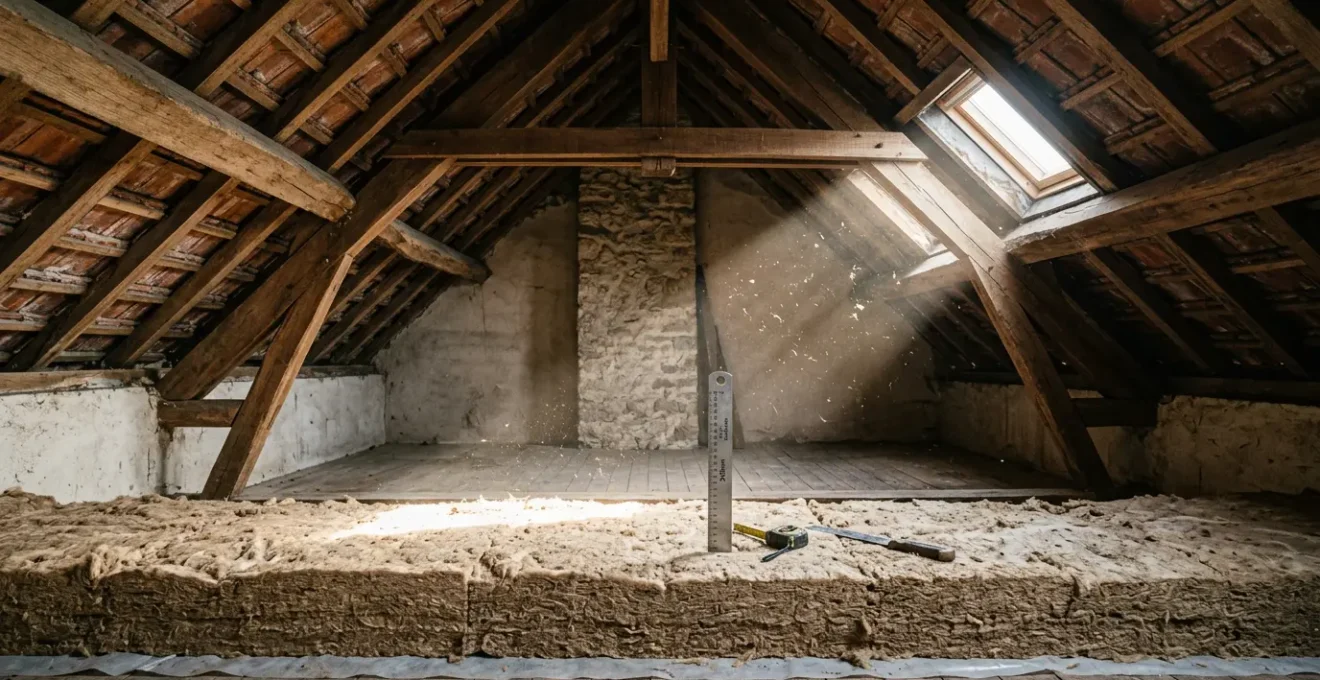Vue en coupe d'un comble perdu avec isolation soufflée et outils de mesure de performance énergétique