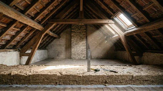 Vue en coupe d'un comble perdu avec isolation soufflée et outils de mesure de performance énergétique