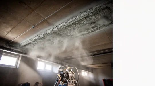 Vue d'ensemble d'un sous-sol en cours d'isolation par flocage avec équipement professionnel