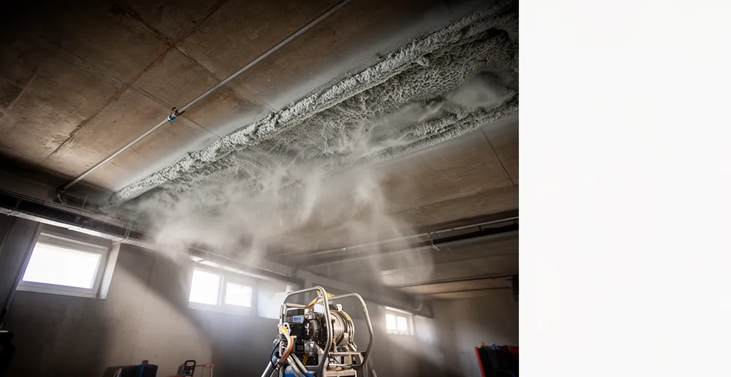 Vue d'ensemble d'un sous-sol en cours d'isolation par flocage avec équipement professionnel